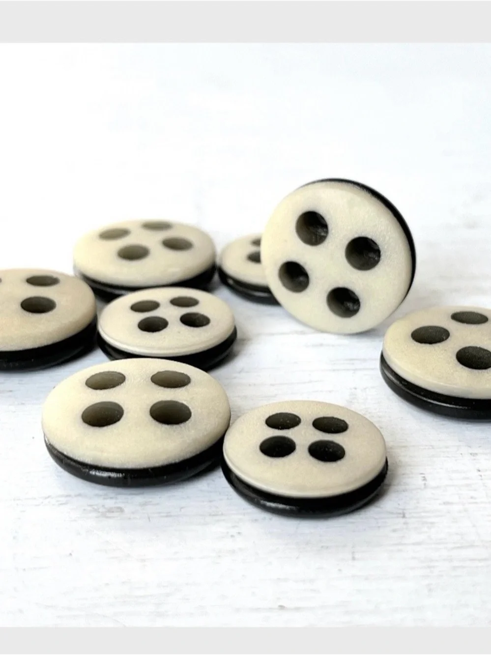 8 Unusual Vintage Round Plastic 4 hole Buttons w Groove Off White/Black Sanded F